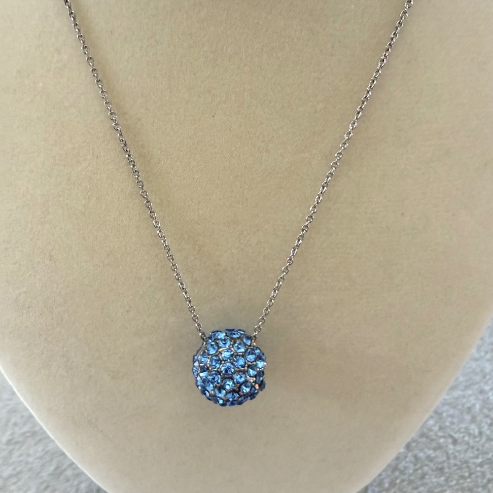 Monet Blue Crystal Pave Ball Pendant‎ Necklace Silver Tone Modern, Flaw Shown